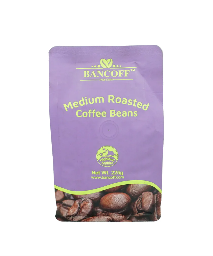 Artboard5 "Bancoff Medium Roast Coffee Beans 225 g pack" "Bancoff Brazilian medium roast Arabica coffee beans" "Freshness-locked Bancoff medium roast beans from Brazil" "Airtight sealed bag of Bancoff medium roast coffee beans"