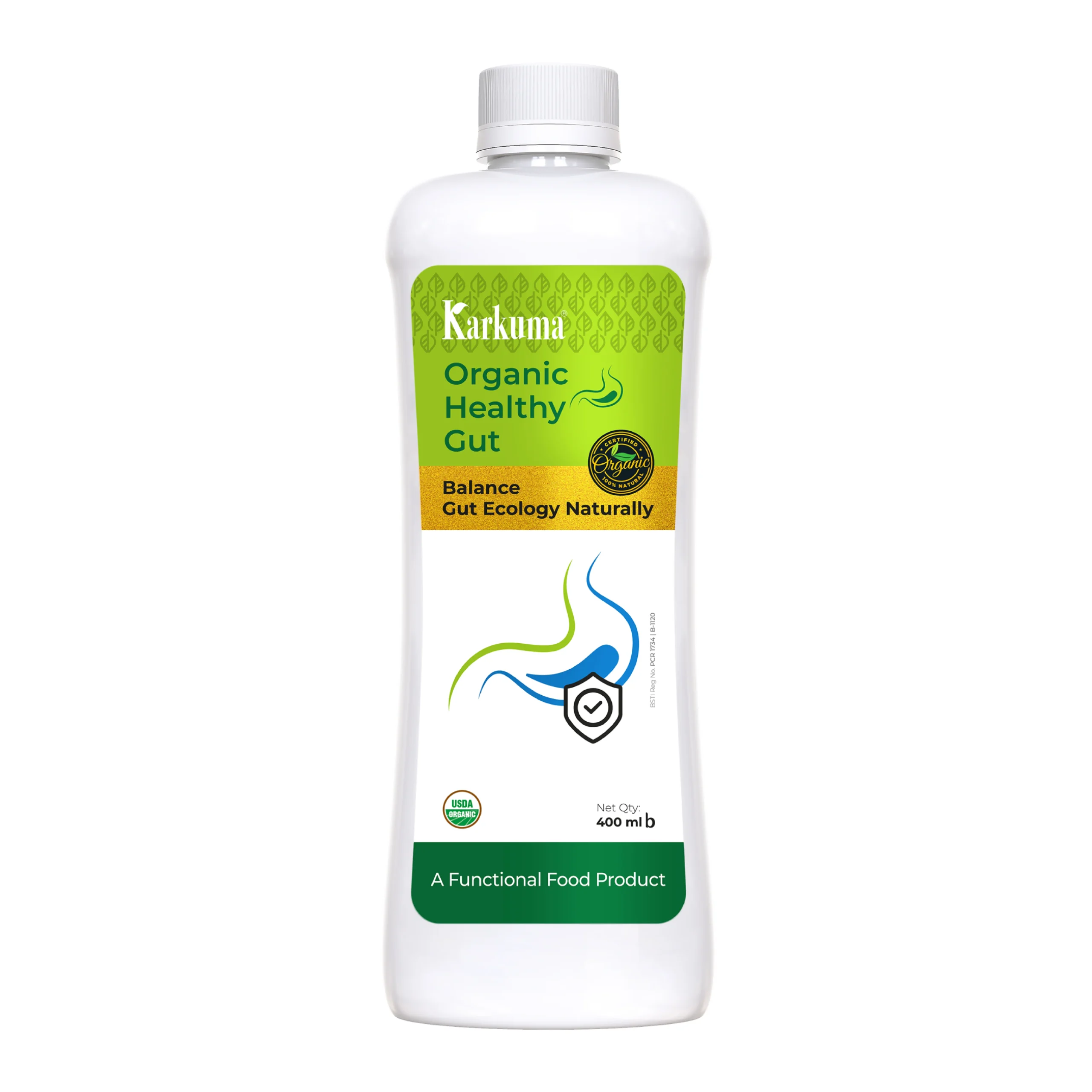 KHG New "Karkuma Organic Healthy Gut 400 ml bottle—USDA-organic liquid functional food with curcumin, mulberry, ginger oil to soothe digestion, reduce bloating, and restore gut flora." "Karkuma Healthy Gut natural gut health supplement—features turmeric curcumin, mulberry extract, black pepper, and apple cider vinegar for digestive balance and antioxidant protection." "Organic Nutrition Karkuma Healthy Gut suspension—curcumin-rich, anti-inflammatory liquid for IBS relief, mucus support, and gut microbiome balance."