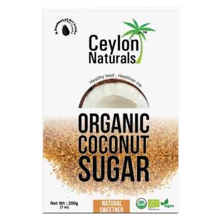 “Ceylon Naturals Organic Coconut Sugar packaging 200 g – golden brown crystals” “Close-up view of golden brown organic coconut sugar crystals by Ceylon Naturals” “Spoonful of Ceylon Naturals organic coconut sugar pouring into dessert” “Organic coconut blossoms and Ceylon Naturals coconut sugar from Sri Lanka” “Ceylon Naturals coconut sugar sprinkled on baked goods”