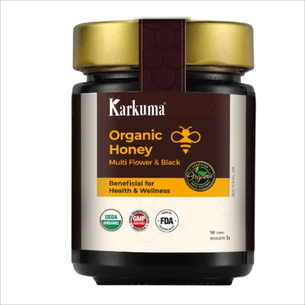 Karkuma Organic Honey in glass jar and metal cap — raw, unfiltered black honey rich in natural enzymes and plant compounds Karkuma Organic Honey with over 900 plant compounds, extracted from wild forest flowers — deep-colored, grainy texture in a glass jar Karkuma Organic Honey — USDA-certified raw black honey to boost immunity, energy, digestive and heart health