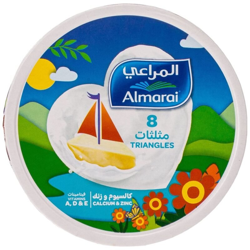 Almarai Triangle Cheese 8 portions 120g pack, creamy processed cheese wedges in a round blue and gold box.