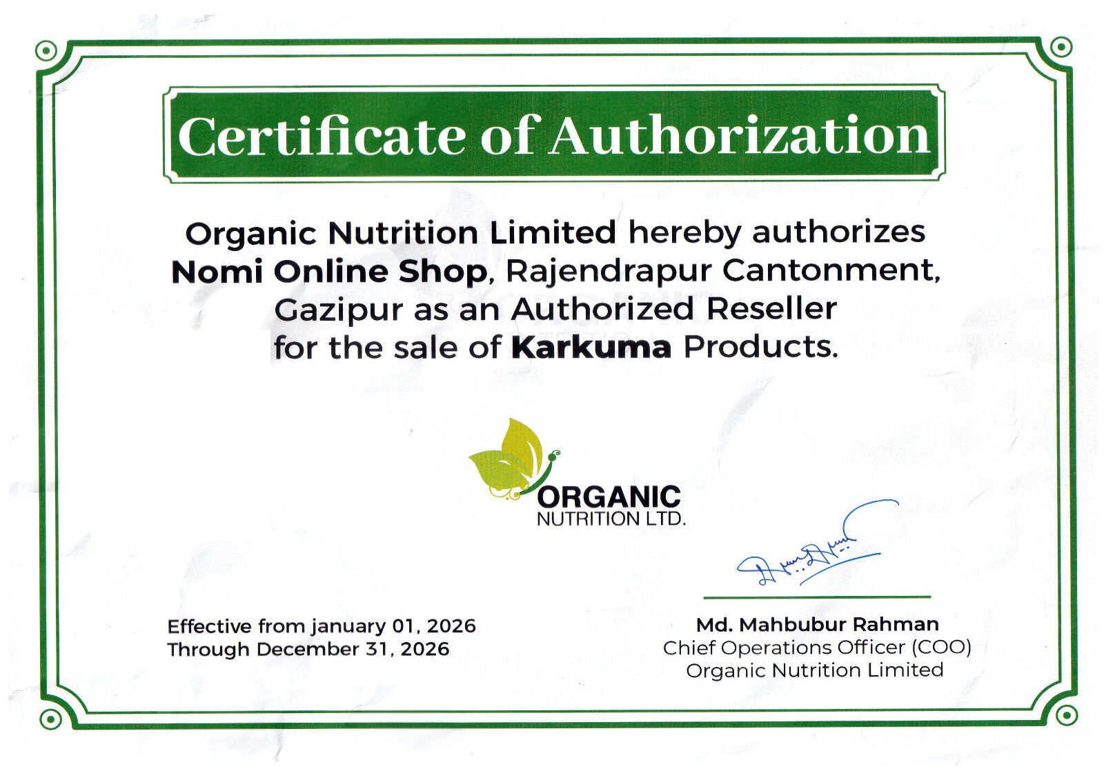 NOMI Online Shop-এর Karkum Official Authorized Shop Certificate (3rd Year)