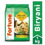 1kg pack of Fortune Biryani Special Basmati Rice with extra long grains.