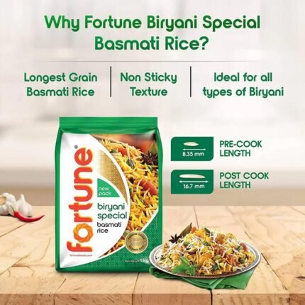 1kg pack of Fortune Biryani Special Basmati Rice with extra long grains.